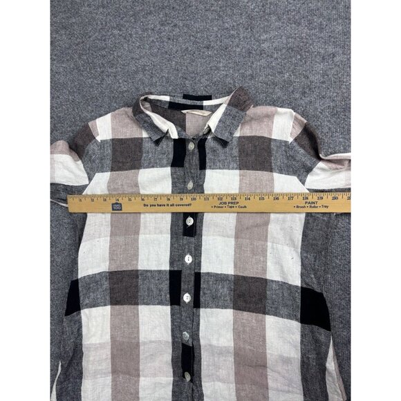 Soft Surroundings Linen Top Women's M Beige Black Check Button Up Zipper Back - Picture 4 of 7